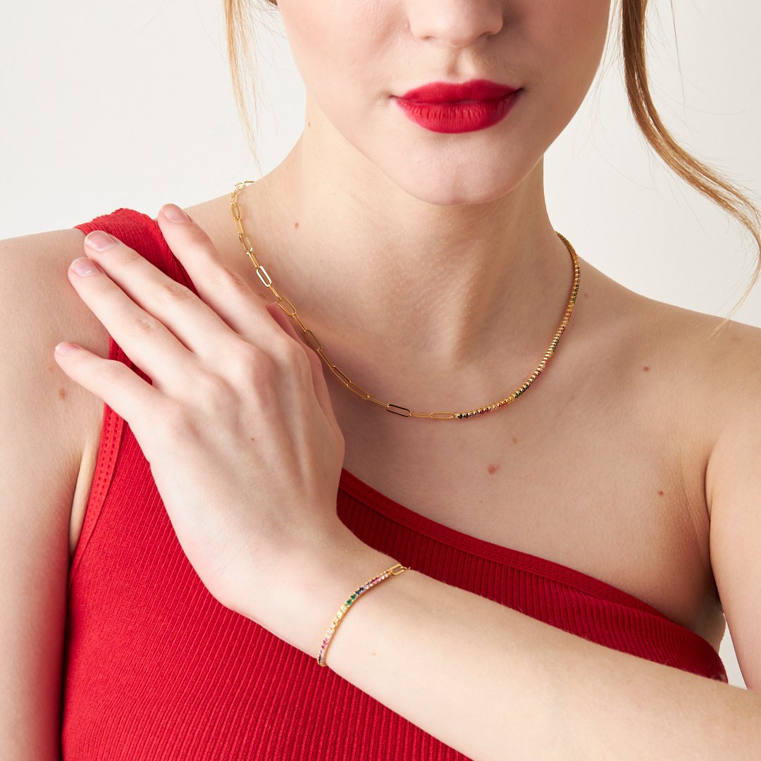 BUNTE ZIRKONIA KLAMMER KETTE SET | 925 SILBER