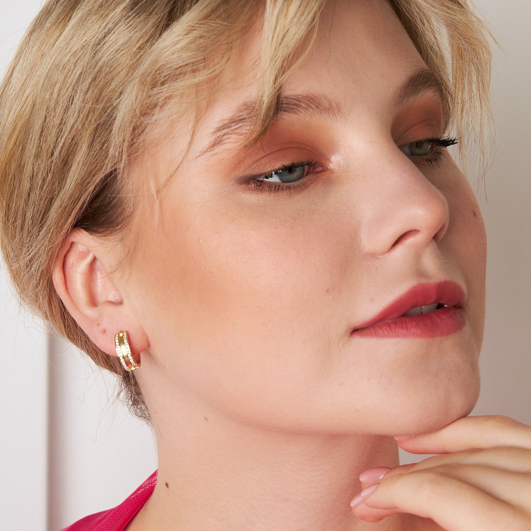 Triple Stone Detailed Hoop Earrings - 925 SILVER