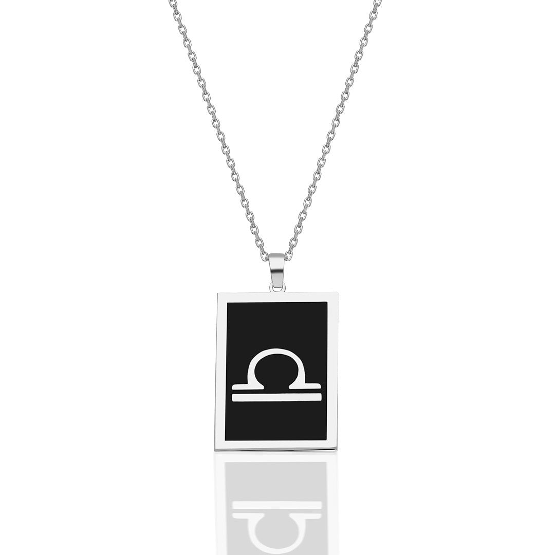 Black Rectangle Libra Zodiac Necklace - 925 Silver
