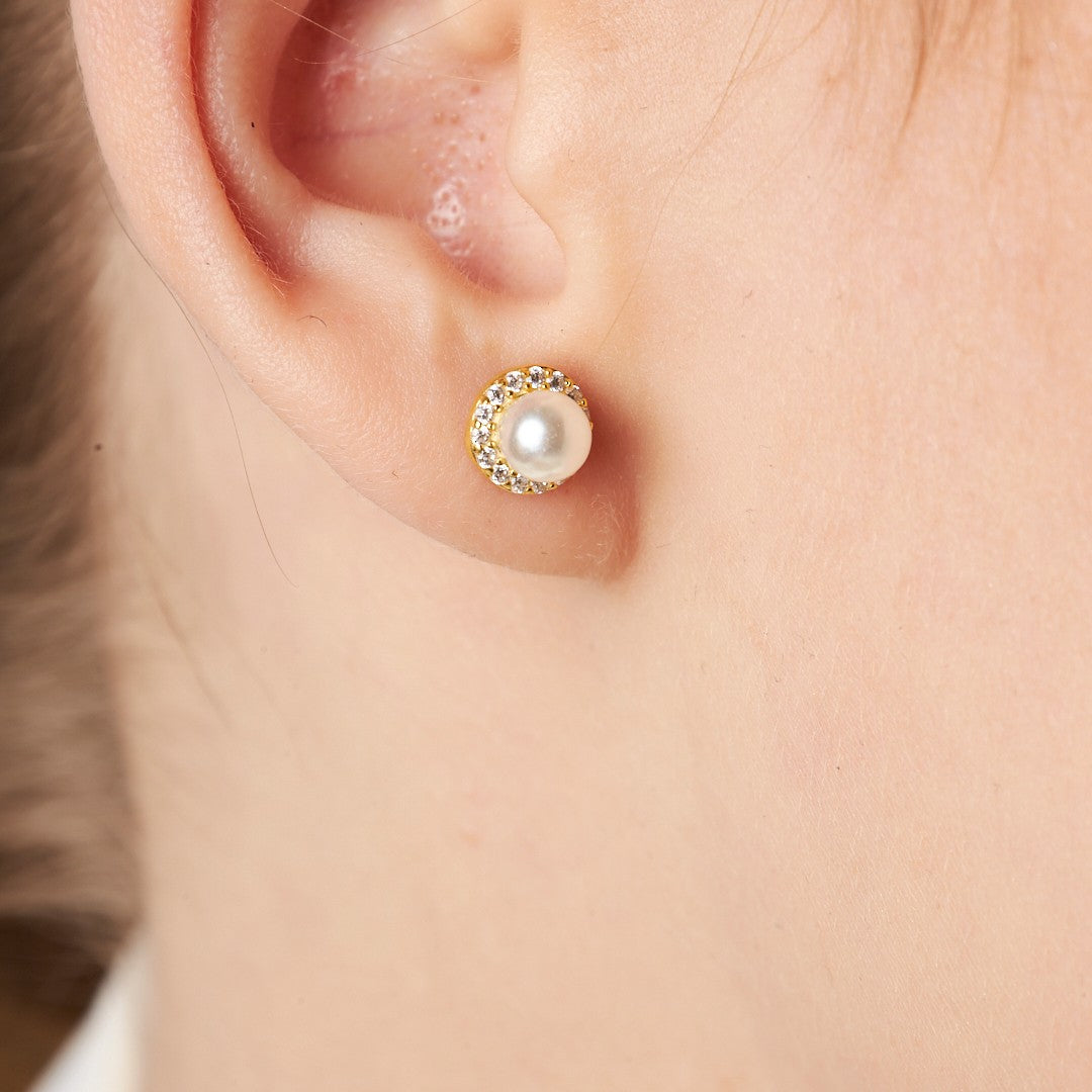 Stone Round Pearl Earrings - 925 SILVER