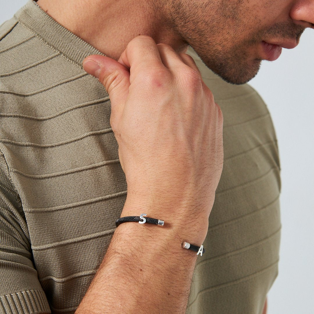 Black Mesh Bracelet with Letters - 925 Silver