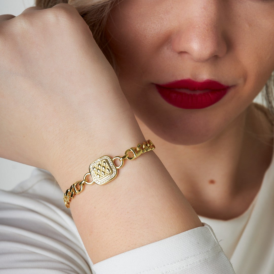 Square Stone Two Chain Bracelet - 925 SILVER