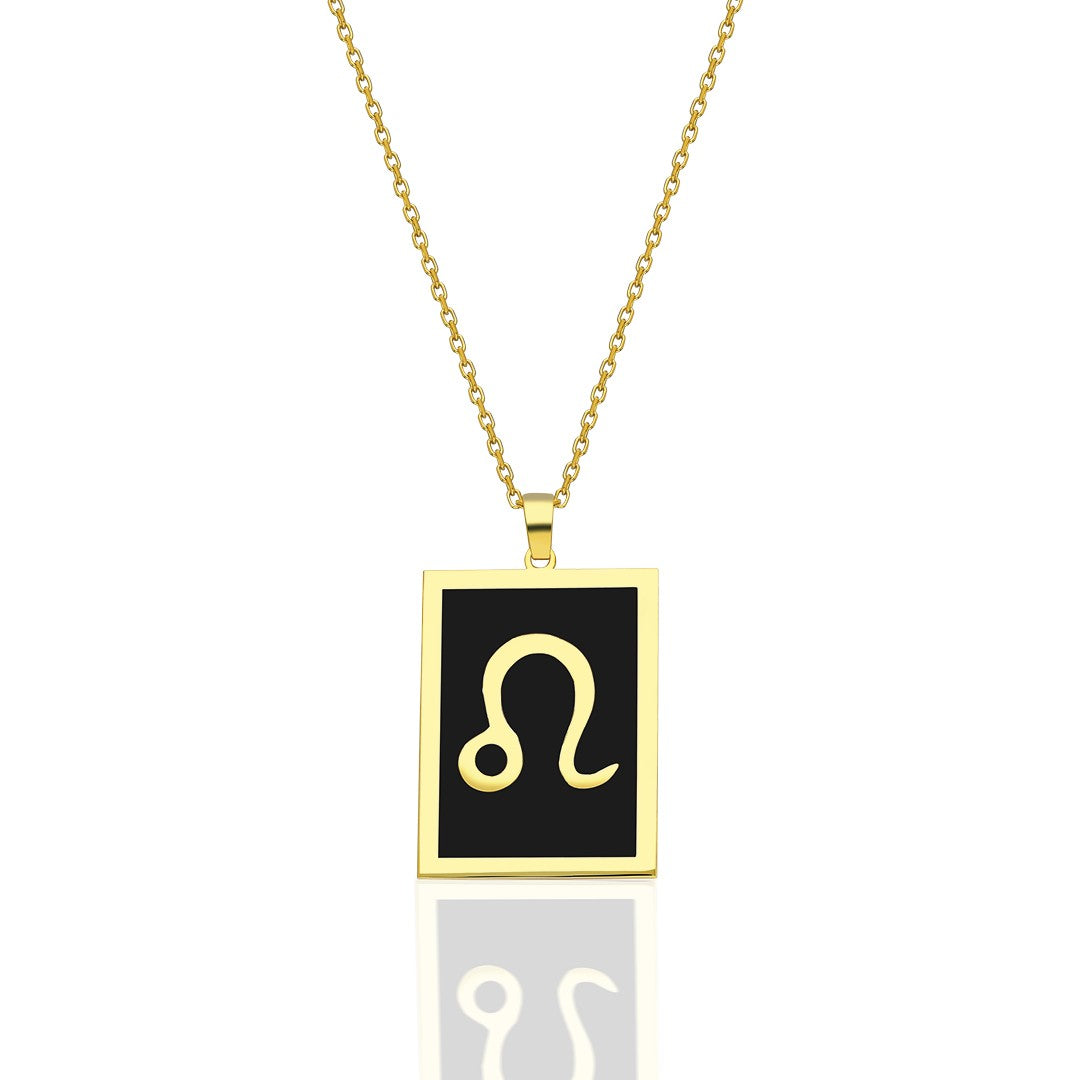 Black Rectangular Leo Zodiac Necklace - 925 SILVER