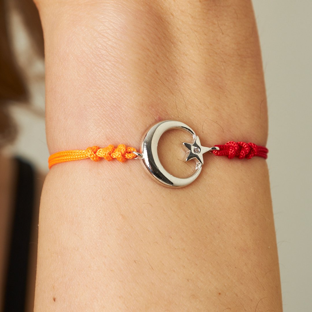 Red Orange Rope Bracelet with Star and Crescent - 925 SILVER