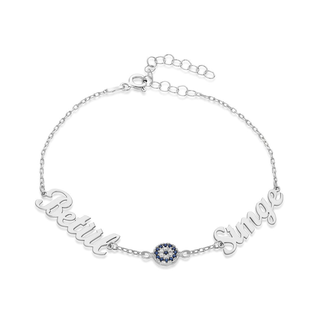 Evil Eye Stone Two Name Bracelet - 925 SILVER