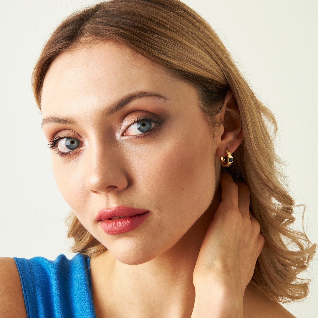 Navy Blue Stone Striped Hoop Earrings - 925 SILVER