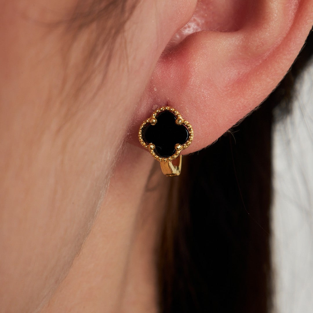 Black Stone Clover Leaf Earrings - 925 SILVER