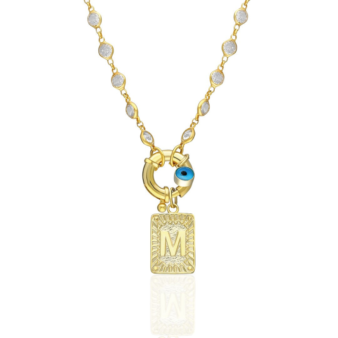 Iced Letter Necklace with Evil Eye Stone - 925 SILVER