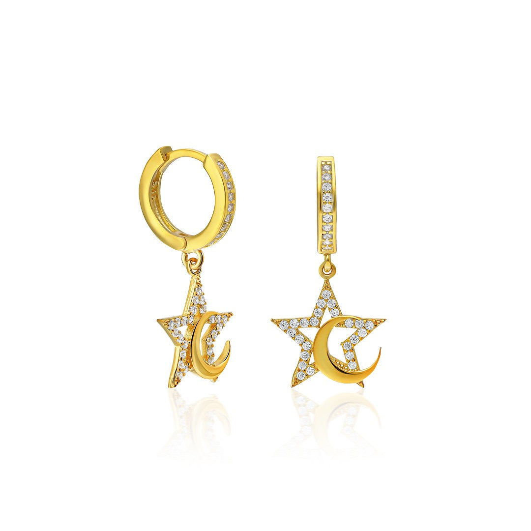 Crescent Moon Star Stone Earrings - 925 SILVER