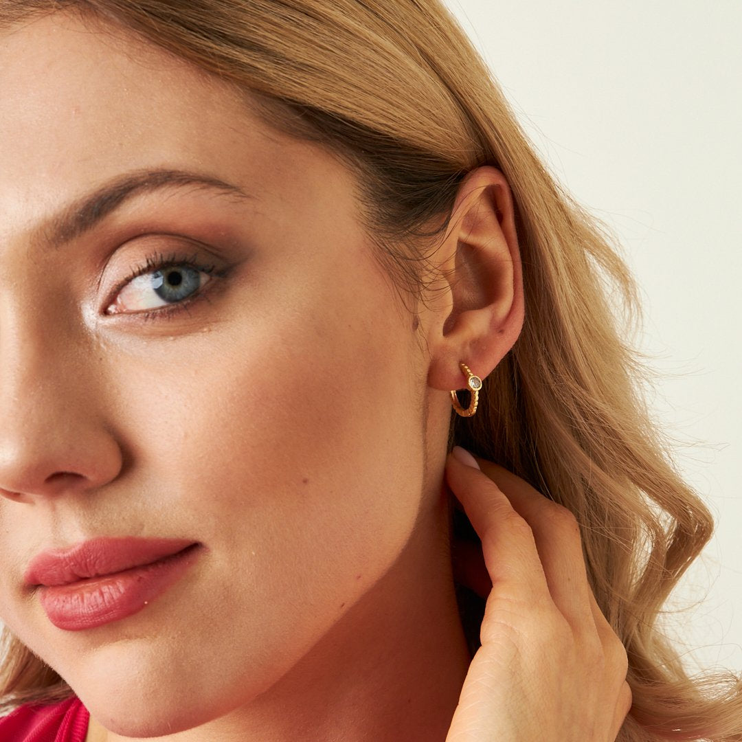 Round Stone Hoop Earrings - 925 SILVER