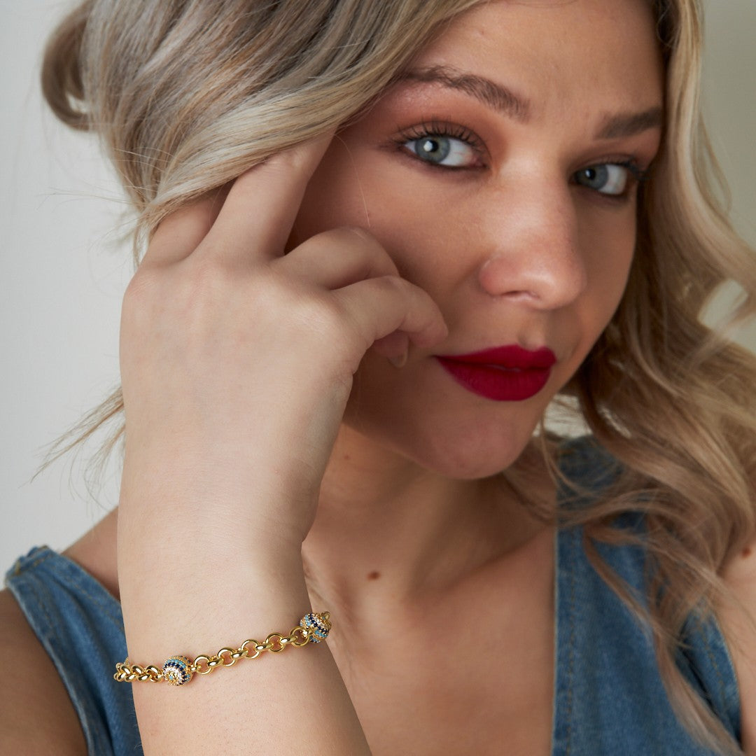 Thick Chain Stone Evil Eye Bracelet - 925 SILVER