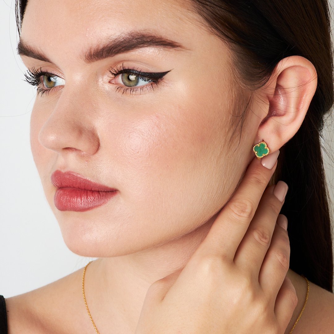 Green Stone Clover Leaf Earrings - 925 SILVER