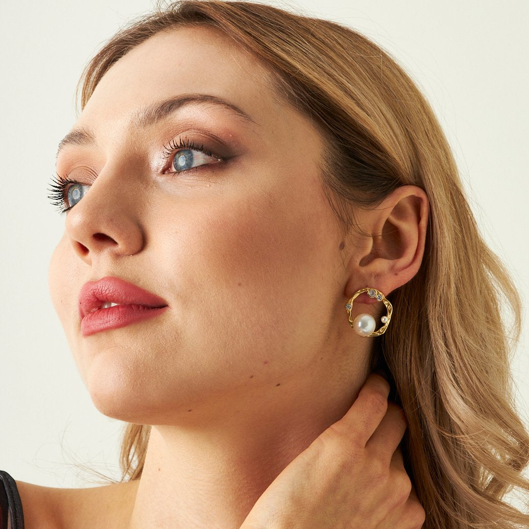 Large Pearl Stone Hoop Earrings - 925 SILVER