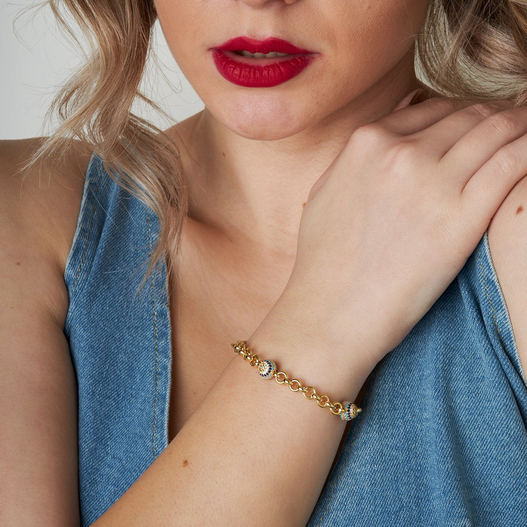 Thick Chain Stone Evil Eye Bracelet - 925 SILVER