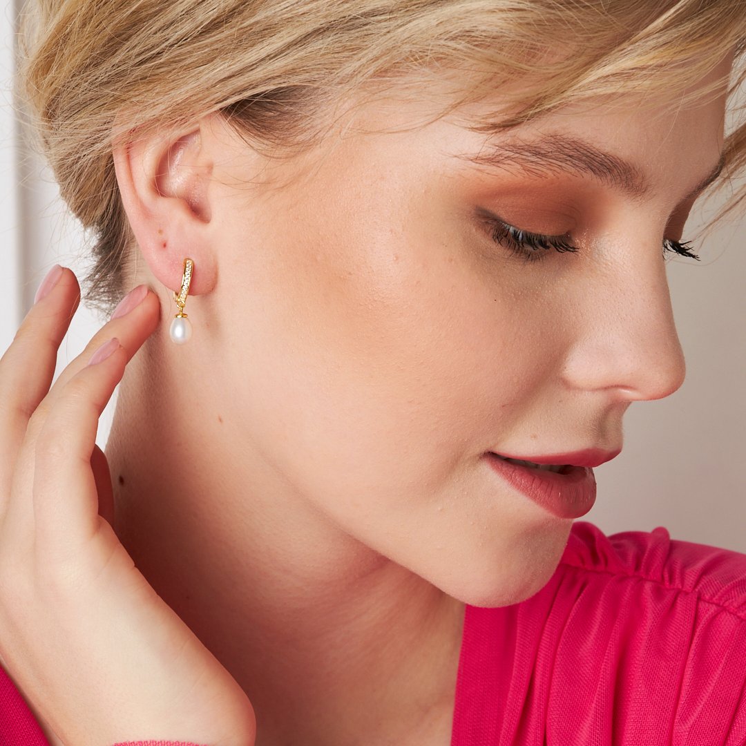 Pearl Stone Hoop Earrings - 925 SILVER