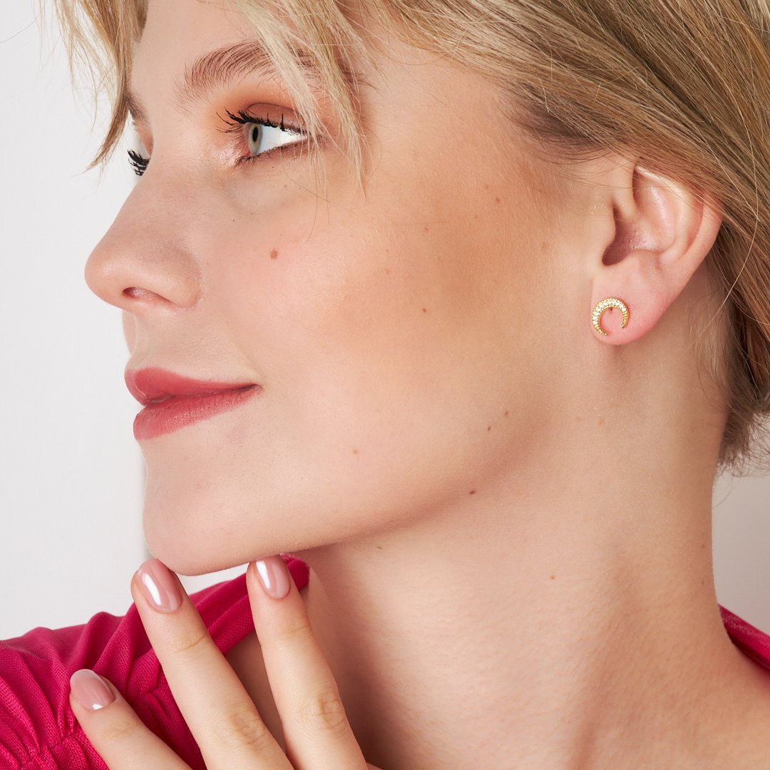 Crescent Moon Stone Earrings - 925 Silver