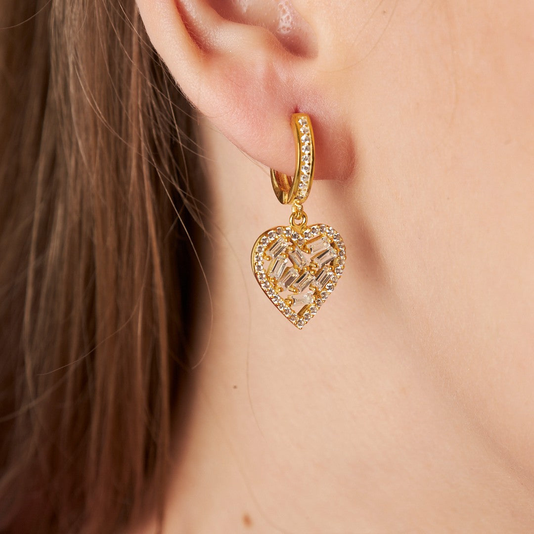 Large Heart Earrings with Baguette Stones - 925 Silver