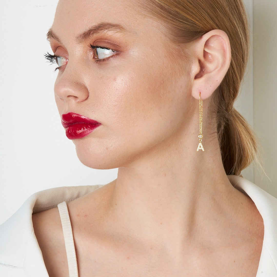 Zircon Stone Dangle Letter Earrings - 925 SILVER