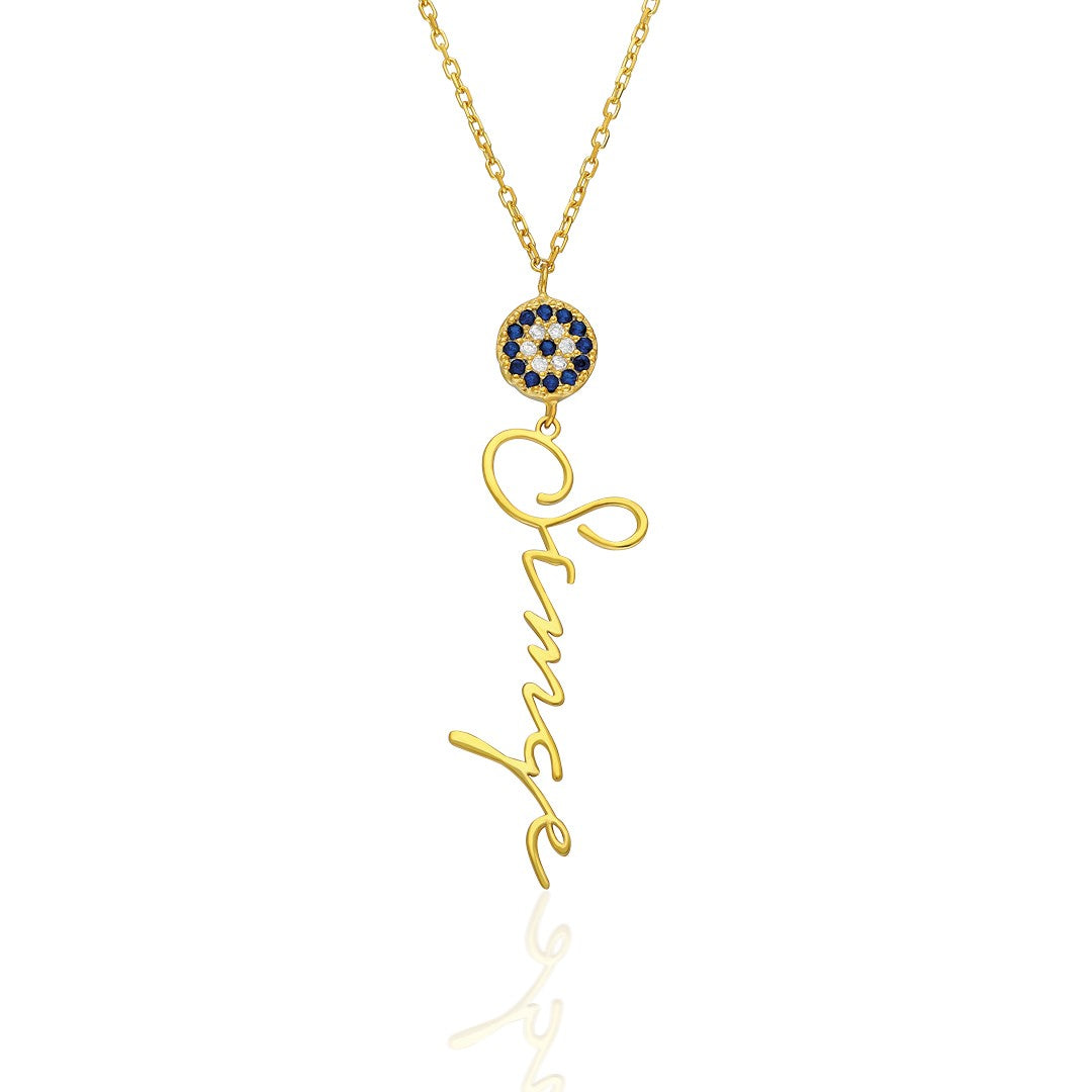 Vertical Name Necklace with Evil Eye Bead - 925 Silver