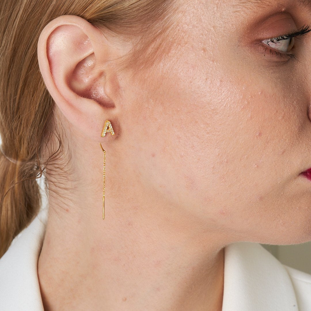 Stone Letter Chain Earrings - 925 SILVER