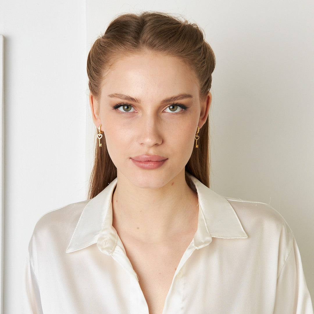 Heart Stone Key Earrings - 925 SILVER