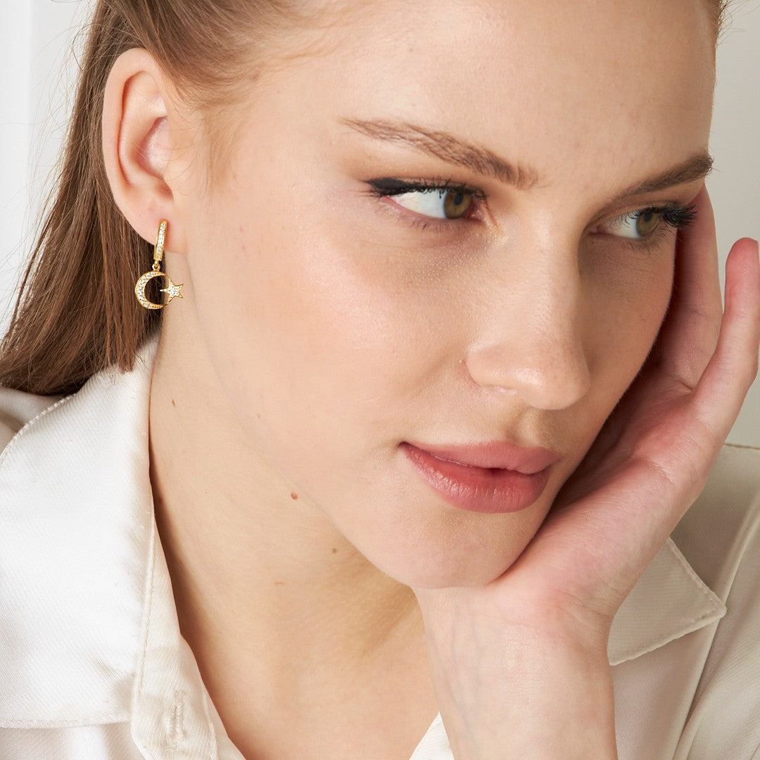 Crescent Star Stone Earrings - 925 SILVER