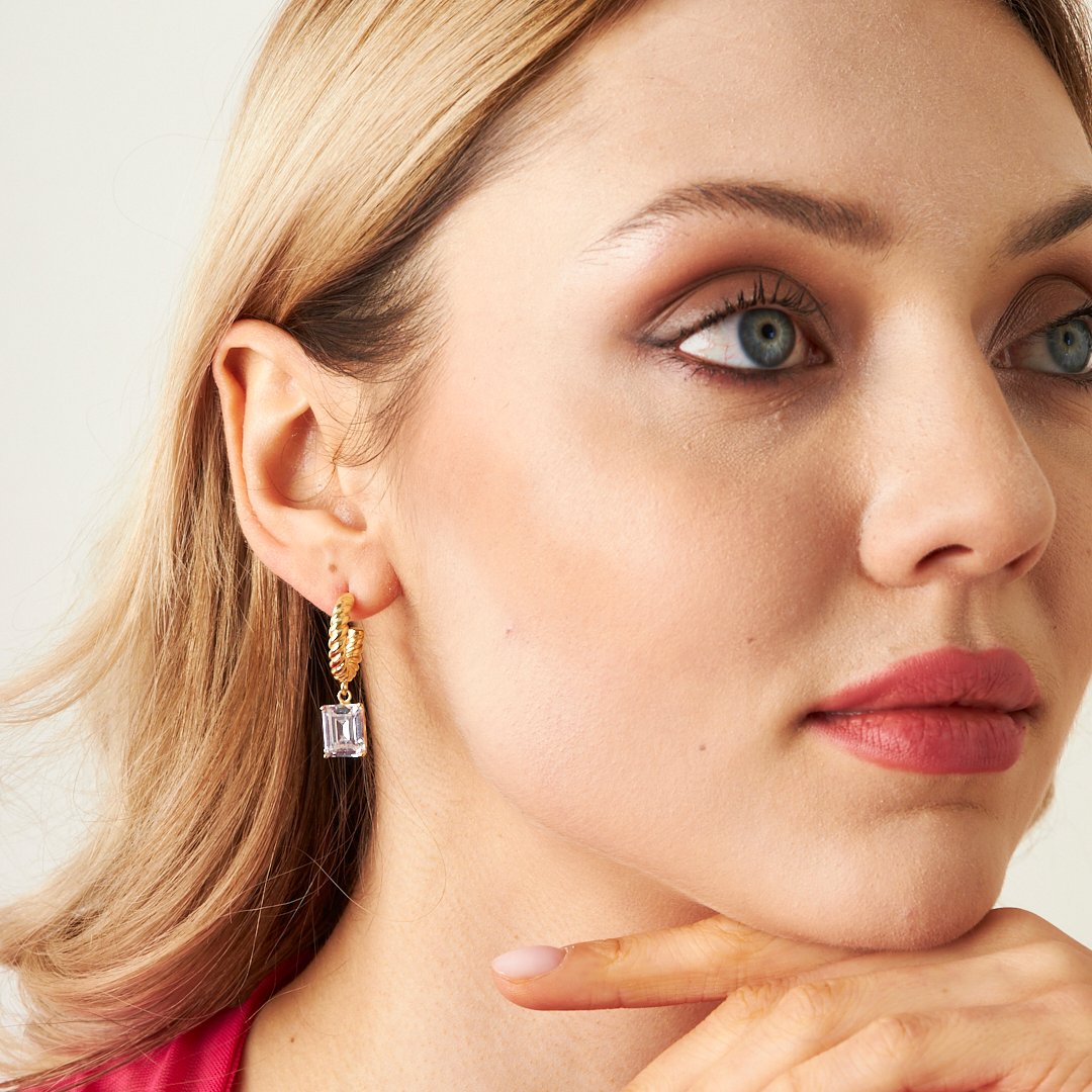 Large Stone Rectangular Baguette Earrings - 925 SILVER