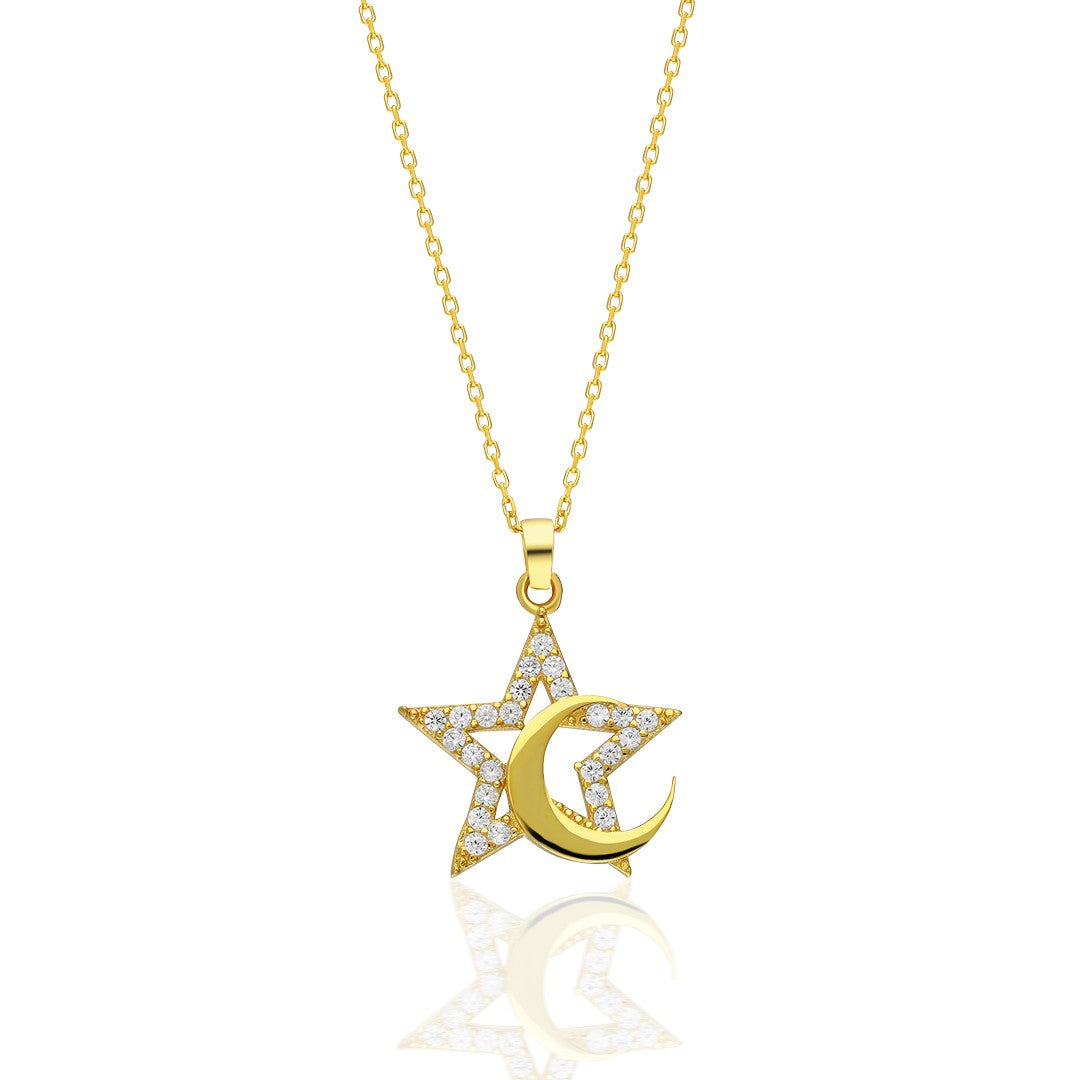 Adjacent Crescent Star Necklace - 925 SILVER