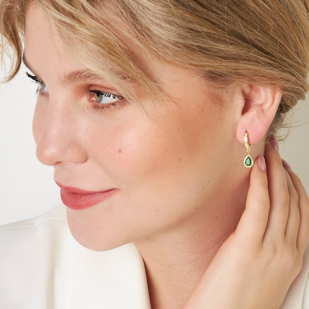 Green Stone Drop Earrings - 925 SILVER