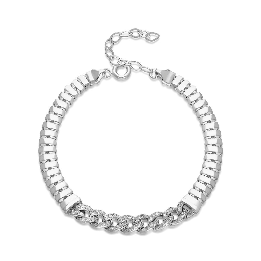 Herringbone Chain and Stone Gourmet Bracelet - 925 SILVER
