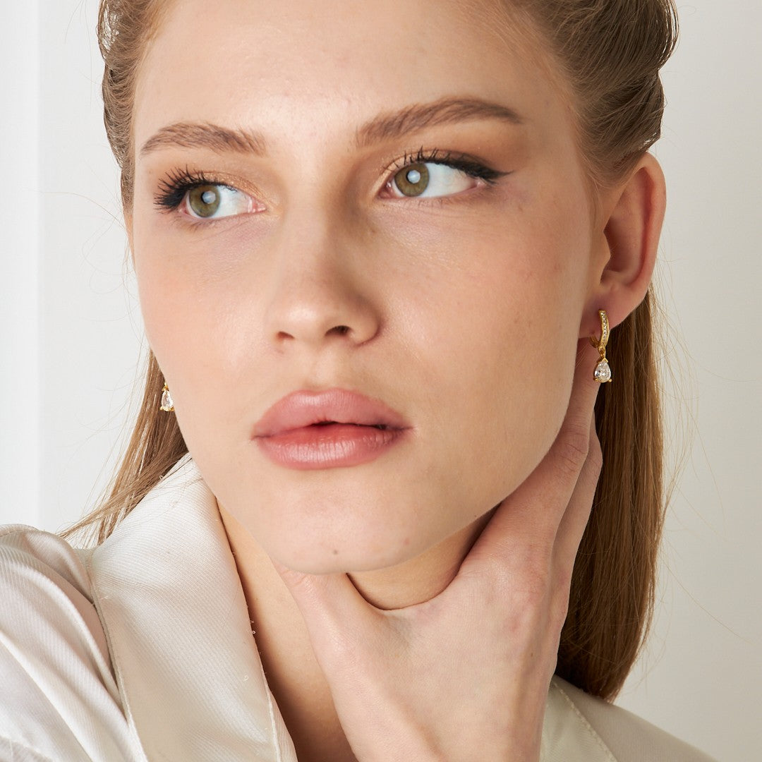 Teardrop Stone Hoop Earrings - 925 SILVER