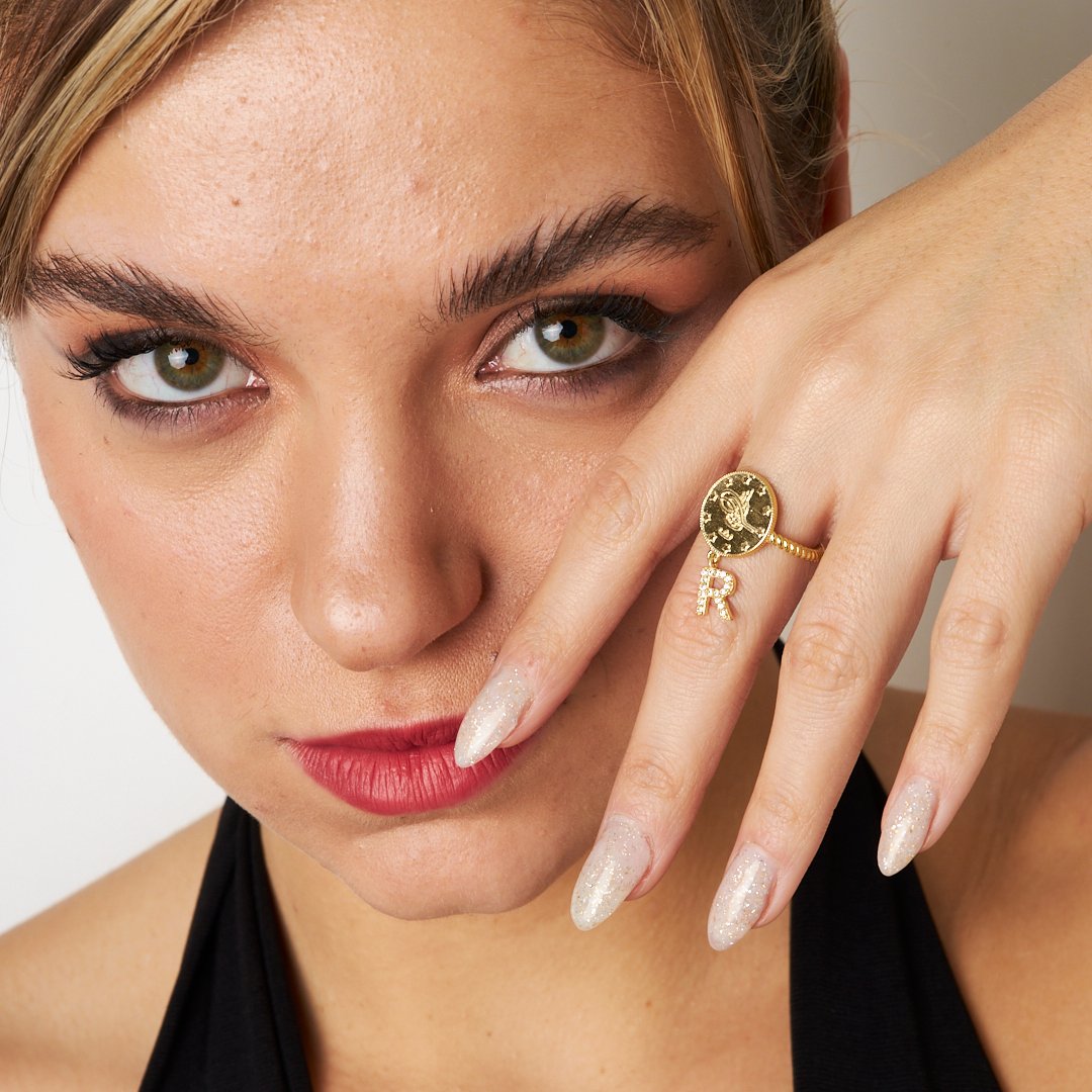 Modeled quarter stone letter ring - 925 SILVER