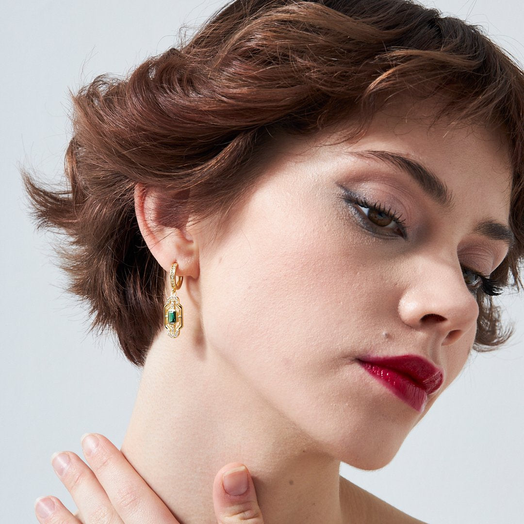 Green Baguette Stone Earrings - 925 Silver