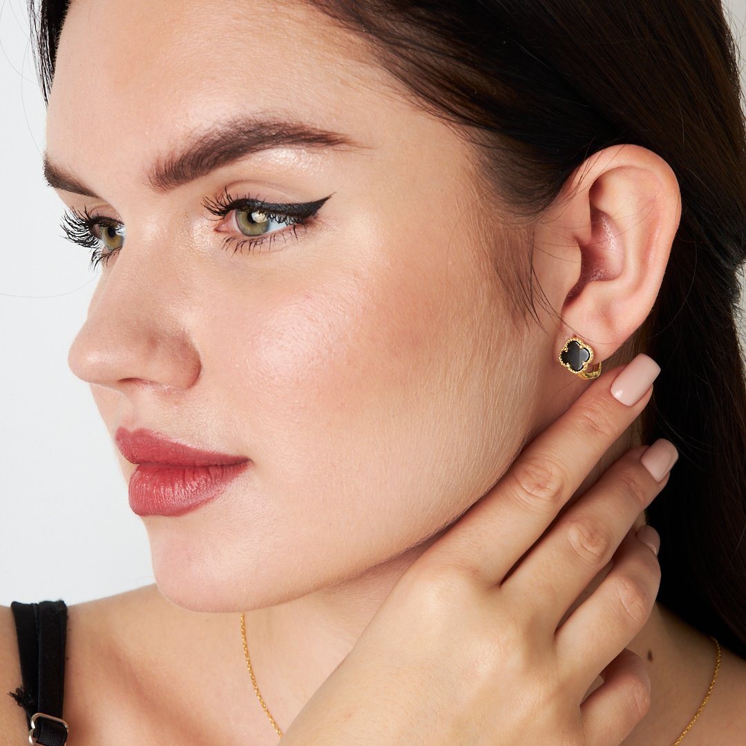 Black Stone Clover Leaf Earrings - 925 SILVER