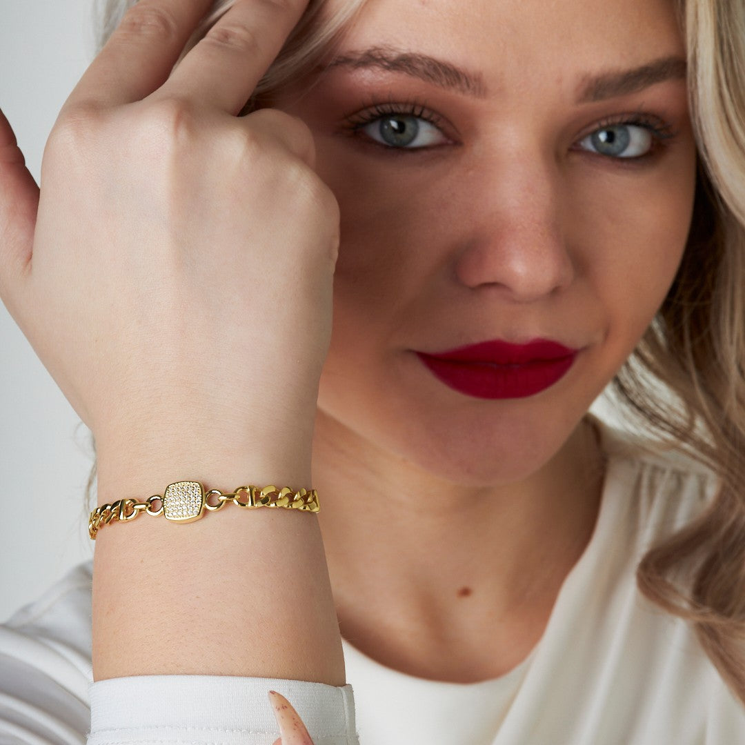 Square Two Chain Stone Bracelet - 925 SILVER