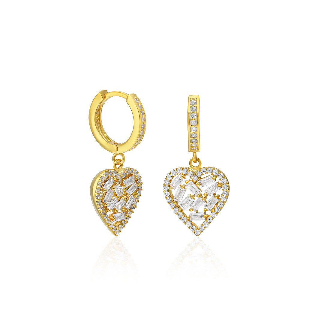 Large Heart Earrings with Baguette Stones - 925 Silver