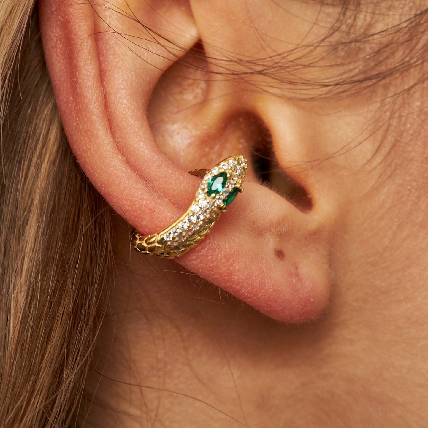 Green Eyed Snake Cartilage Earrings - 925 Silver