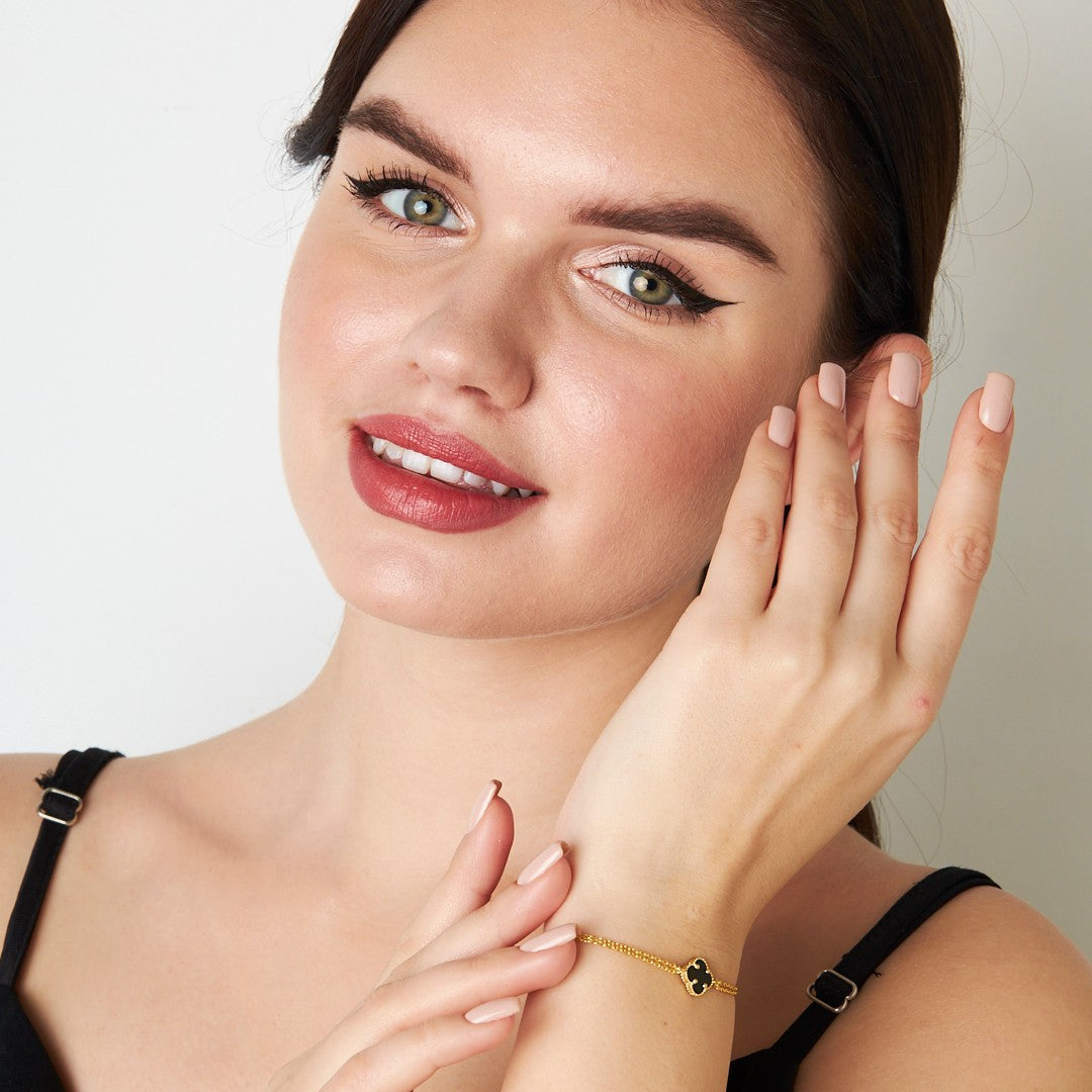 Black Stone Clover Leaf Bracelet - 925 SILVER