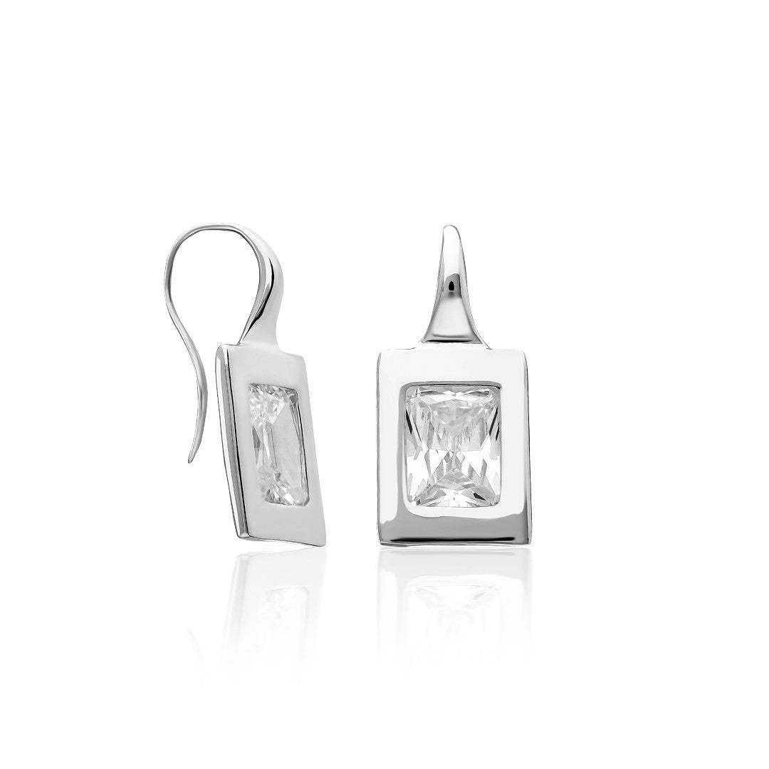 Square Single Stone Earring - 925 SILVER