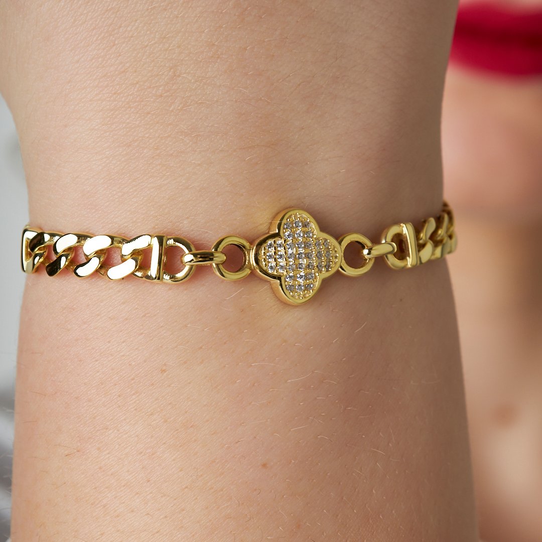 Two Chain Stone Clover Bracelet - 925 SILVER