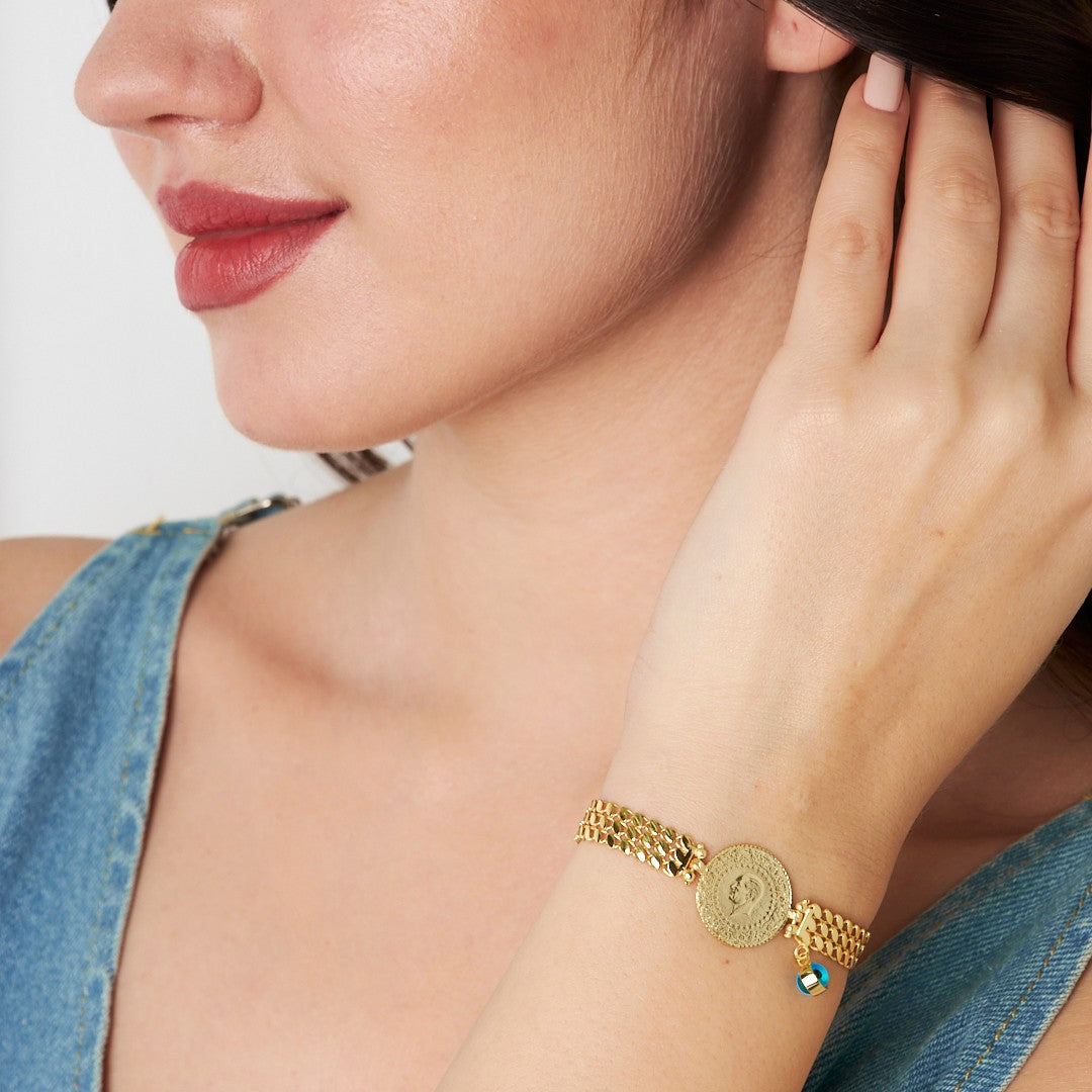 Triple Chain Bracelet with Quarter Evil Eye Detail - 925 SILVER