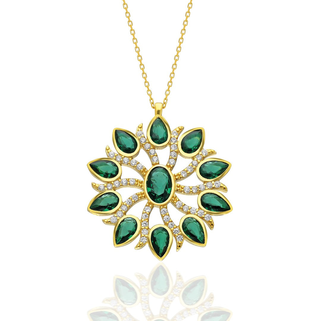 Green Stone Flower Necklace - 925 SILVER