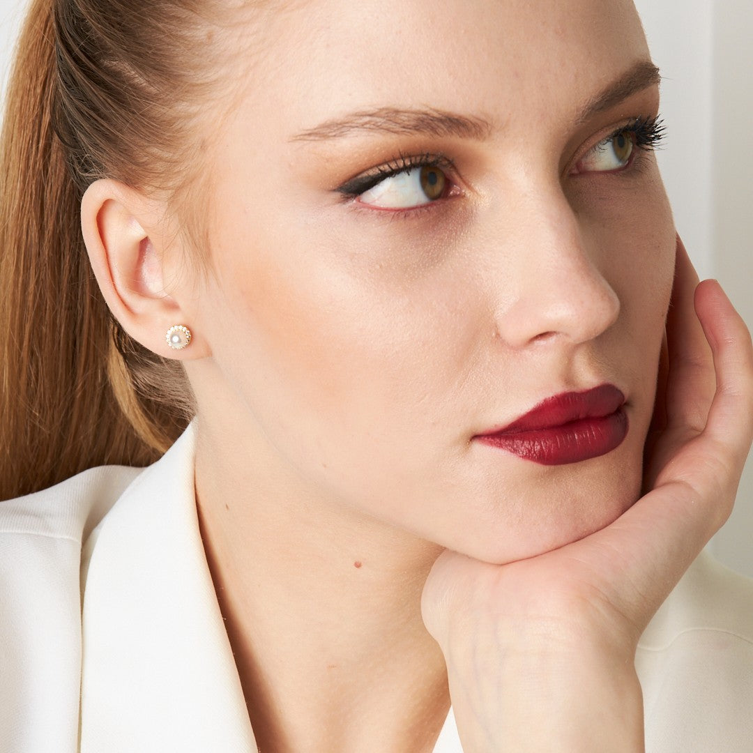 Stone Round Pearl Earrings - 925 SILVER