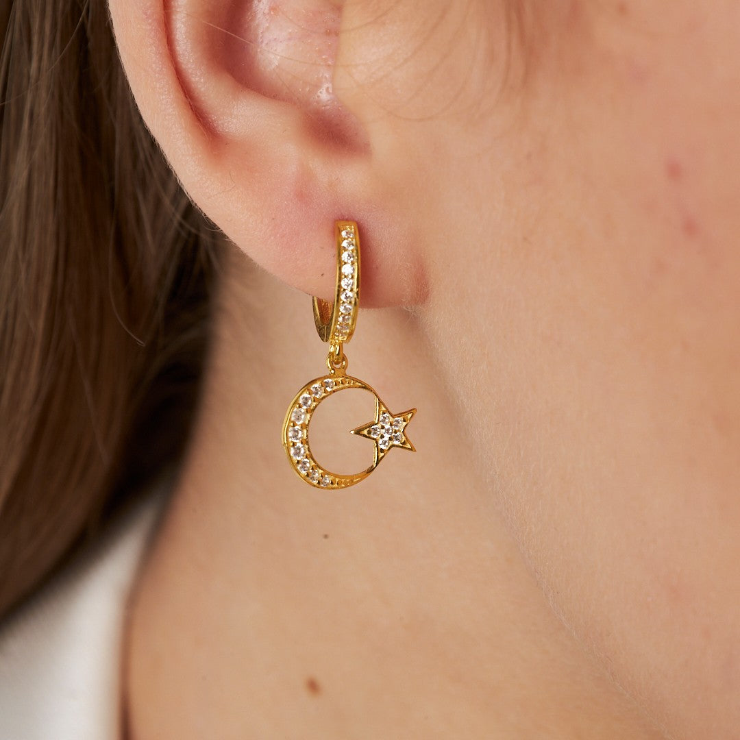 Crescent Star Stone Earrings - 925 SILVER