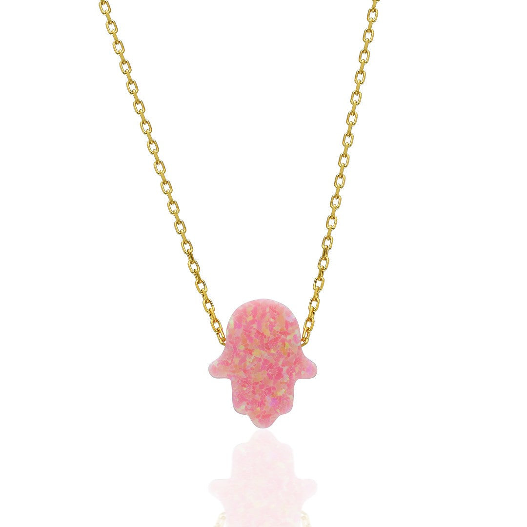 Original Pink Simple Opal Fatima Hand Necklace - 925 SILVER