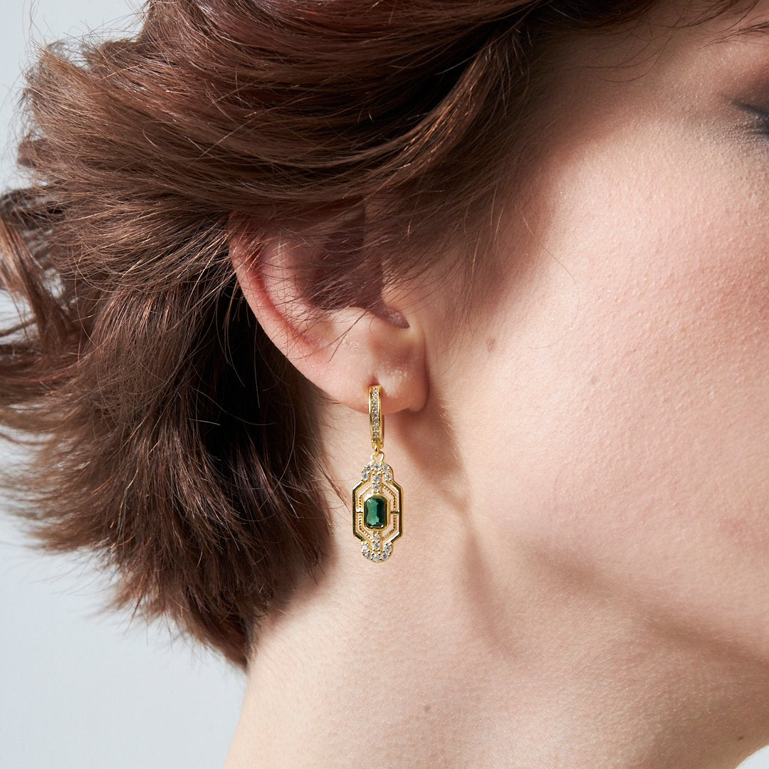 Green Baguette Stone Earrings - 925 Silver