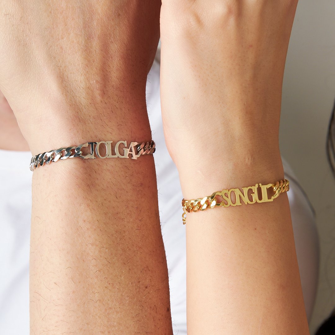 Cuban Chain Name Bracelet Set - 925 SILVER