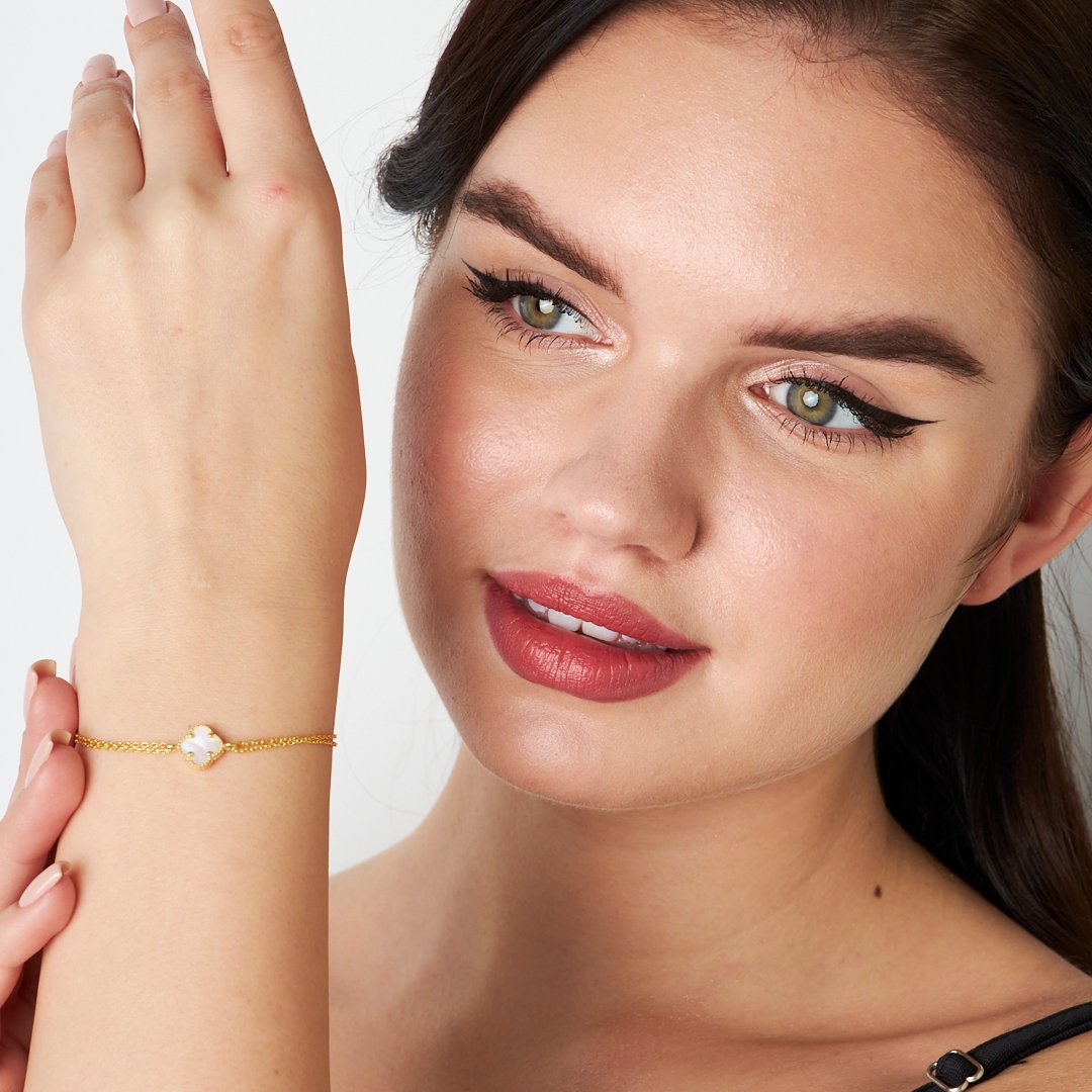 White Stone Clover Leaf Bracelet - 925 SILVER