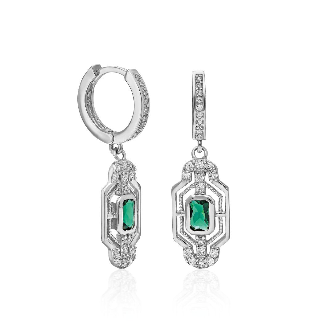 Green Baguette Stone Earrings - 925 Silver