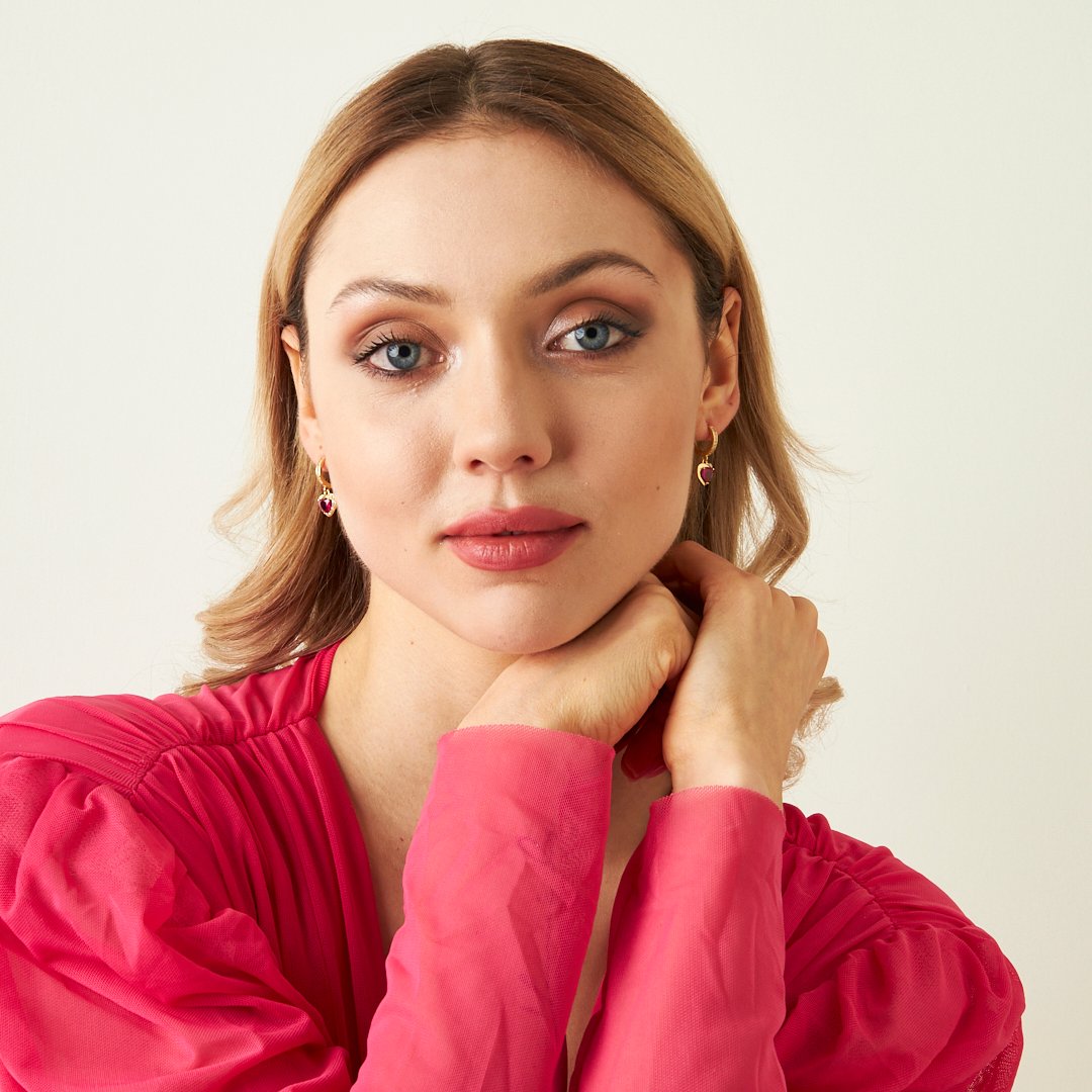 Pink Stone Heart Earrings - 925 SILVER